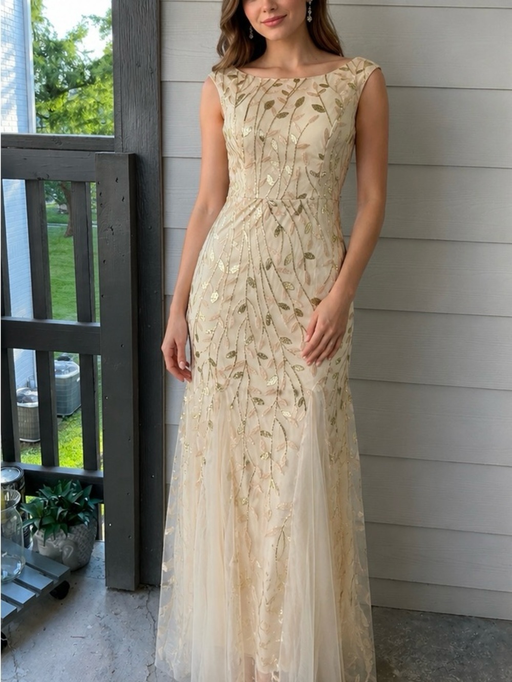 Elegant Cream Embroidered Evening Gown
